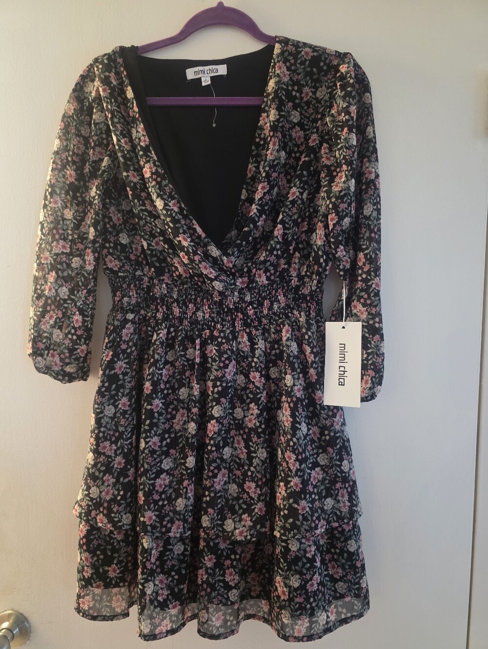 Mimi Chica Black Floral V-Neck Tiered Dress with Pink & Green Print
